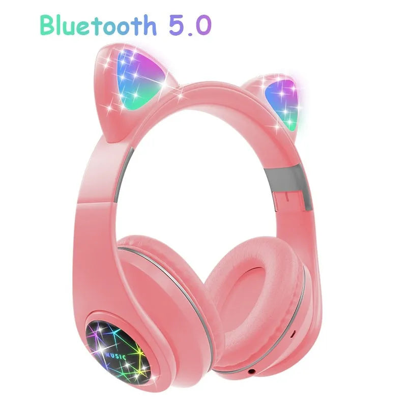 Cat ear wireless sports Bluetooth headset in various colours showing head-mounted design and earpieces