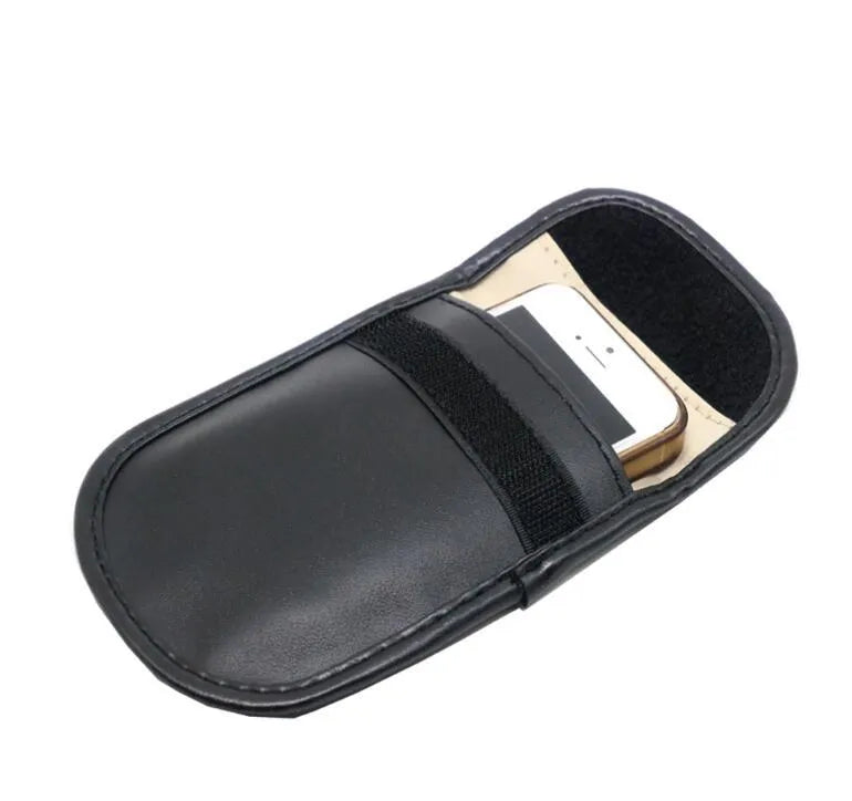 Black microfiber RFID signal blocker bag measuring 13.5 by 9.5 centimetres
