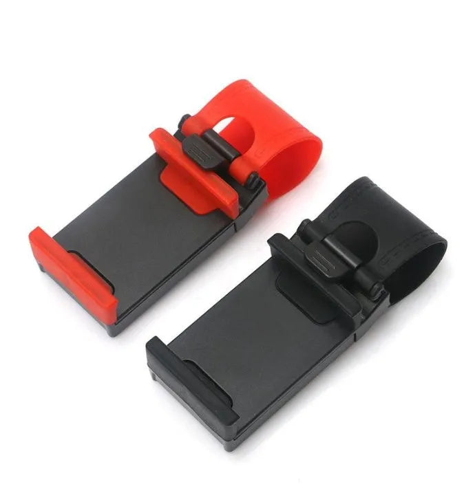 Black steering wheel phone clip mount holding smartphone for car navigation