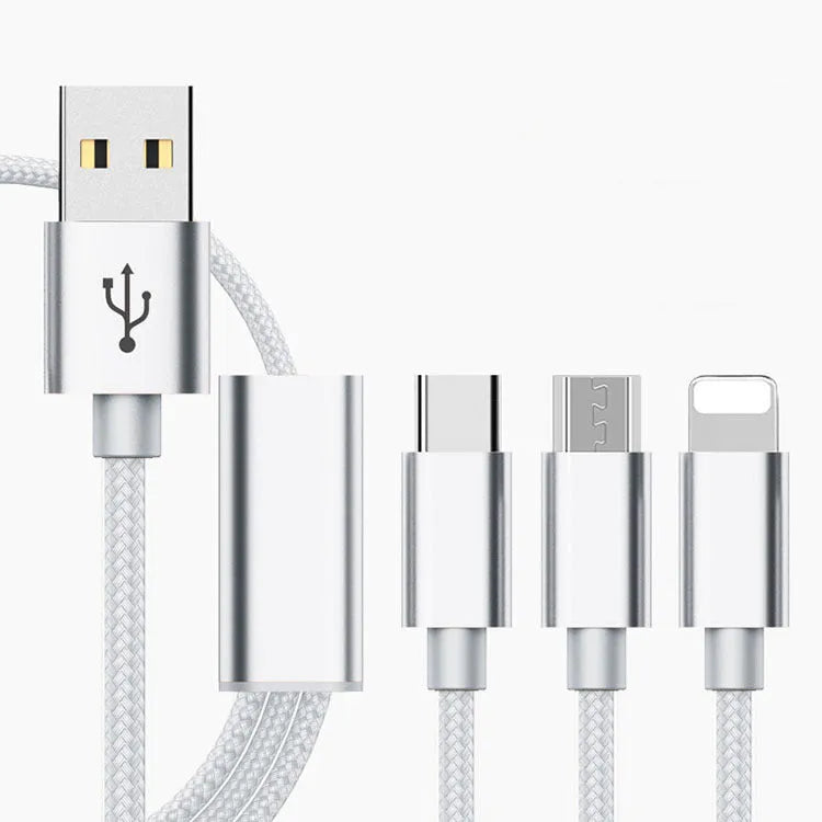 Three-in-one mobile phone charging cable with Micro USB, Type-C and Lightning connectors in various colours