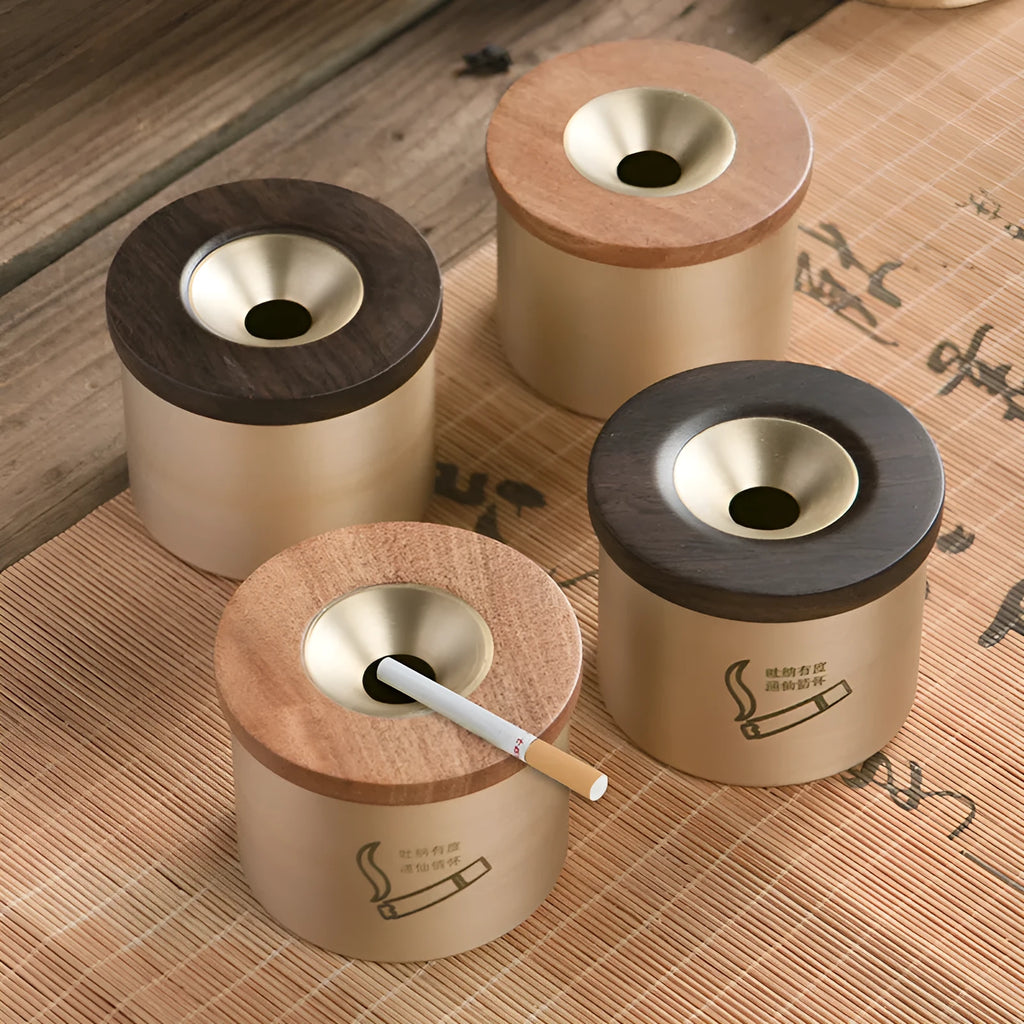 Creative retro brass ashtray with wooden lid in copper construction for living room use