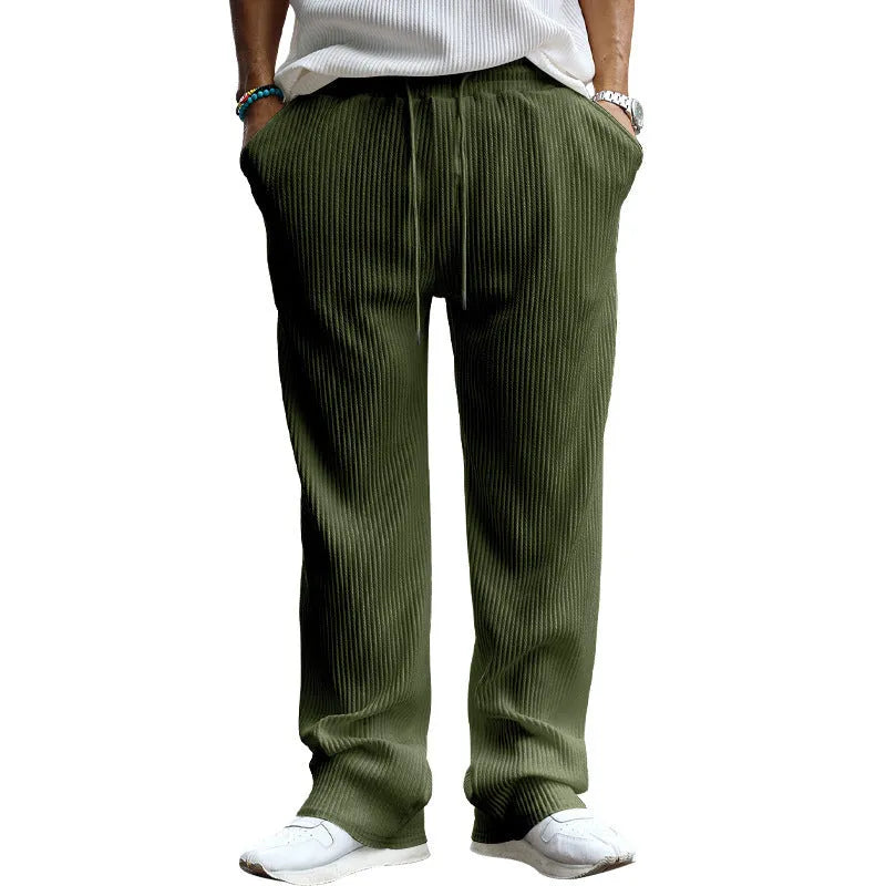 Men's straight-leg loose casual trousers in khaki colour showing high waist and relaxed fit