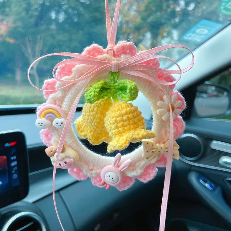 Woven wool bell orchid car hanger pendant in green colour with dream catcher accessory