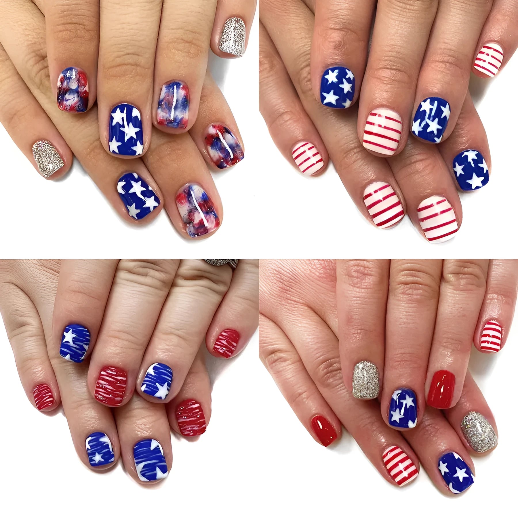 Red, white and blue glitter artificial nail tips with patriotic design in short almond shape