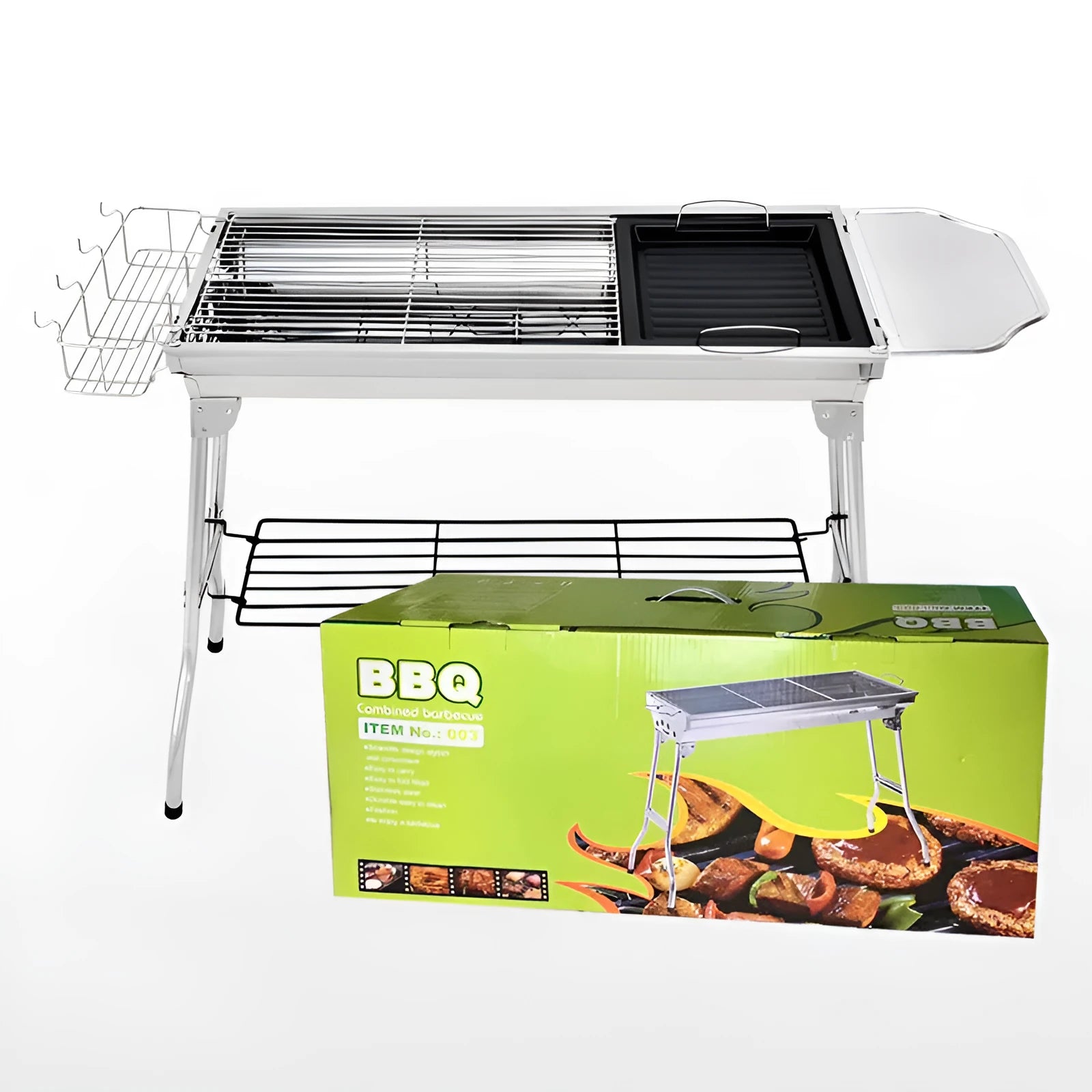 Stainless steel portable folding barbecue oven with included grill for outdoor cooking