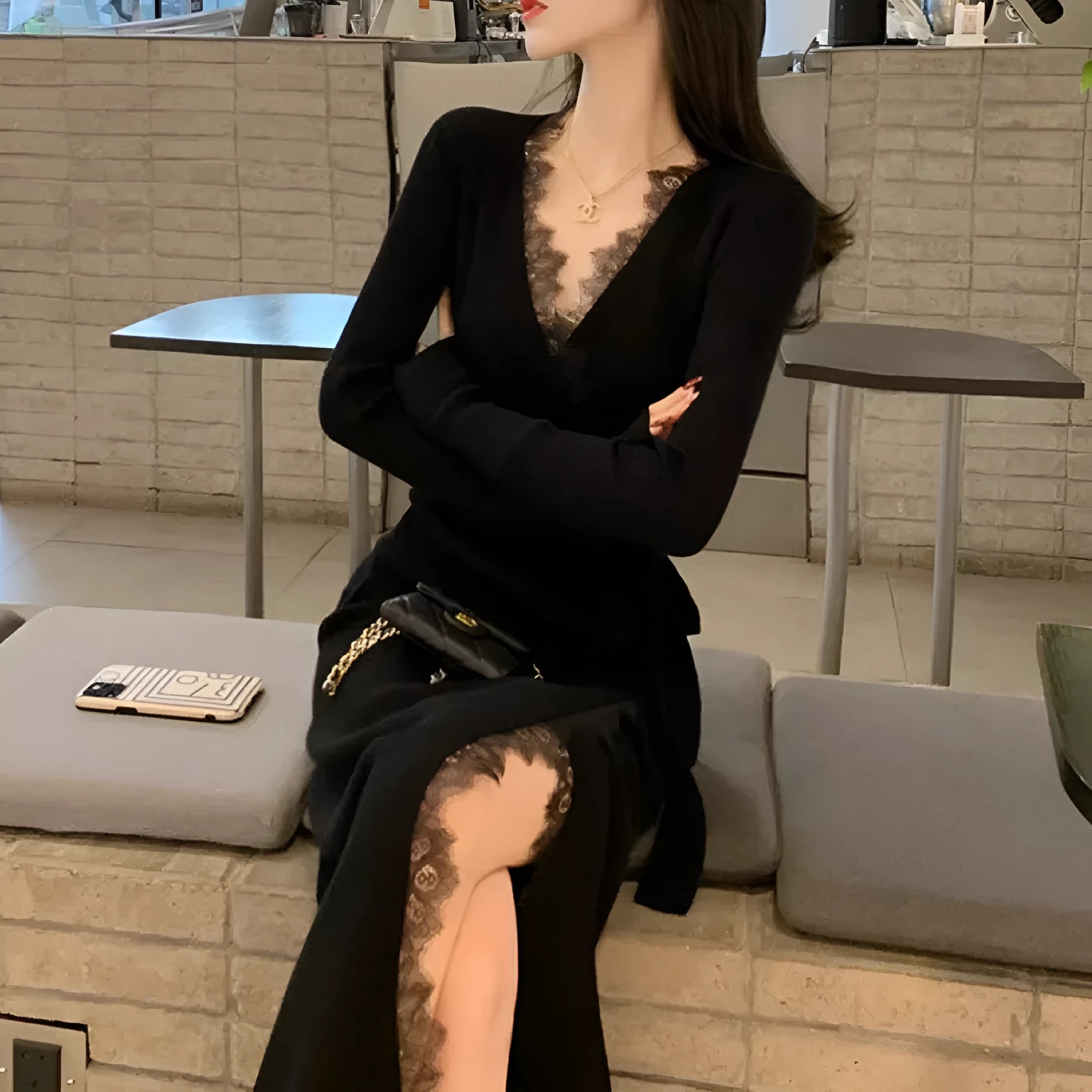 Black women's woolen princess dress skirt with slim fit silhouette and solid colour design