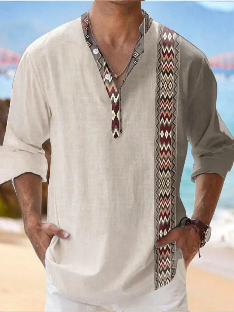 Men's long sleeve striped Hawaiian shirt in thin polyester fabric showing digital print pattern