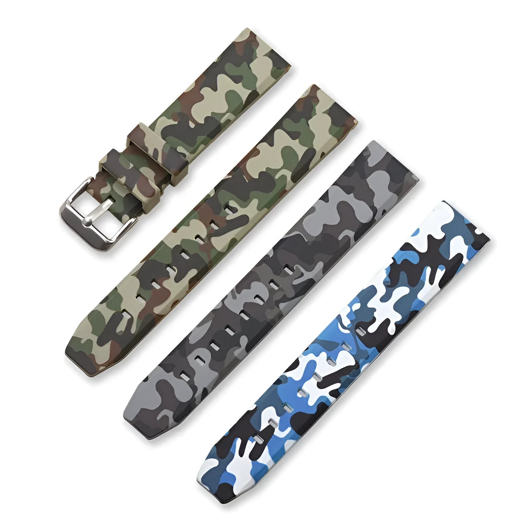 Green camouflage silicone watch strap with flat head lugs, shown next to blue and grey camouflage versions.
