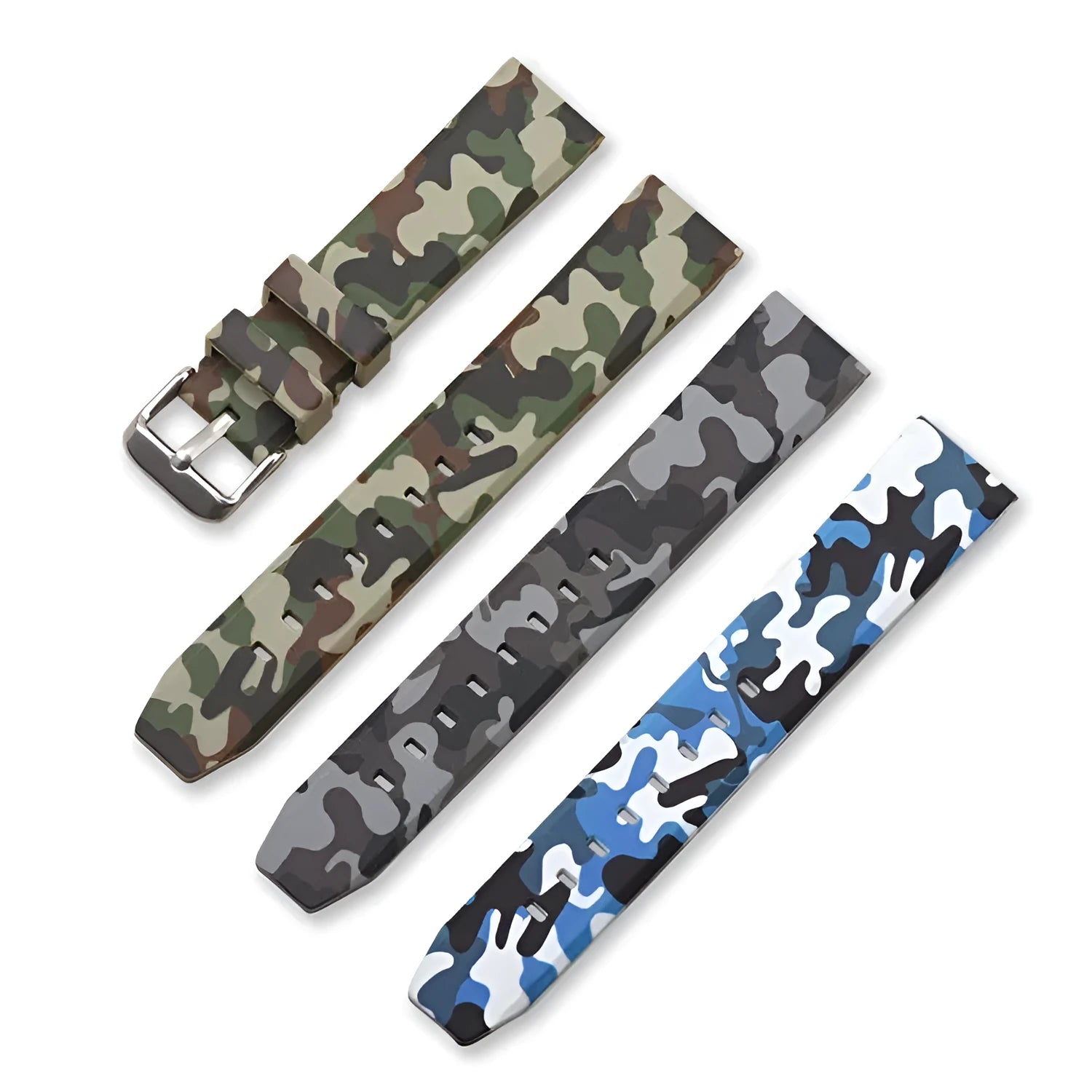 Green camouflage silicone watch strap with flat head lugs, shown next to blue and grey camouflage versions.
