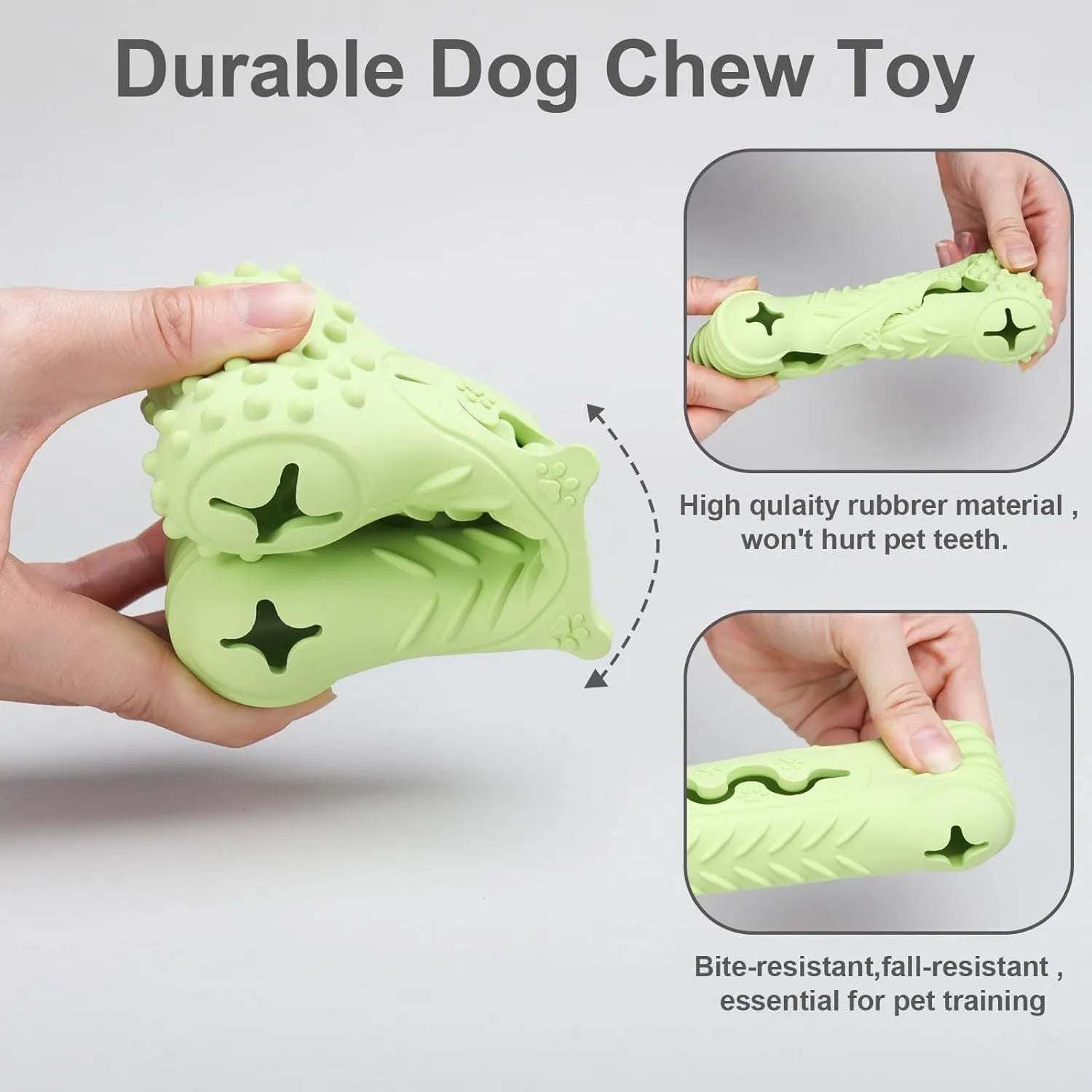 Natural rubber bone-shaped dog chew toy in blue, green, and orange colours