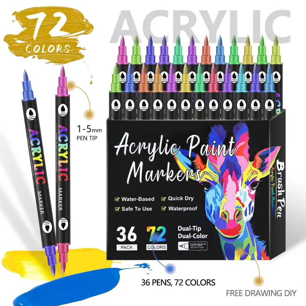 Set of double-headed washable acrylic marker pens in assorted colours, showing two tips on each pen.