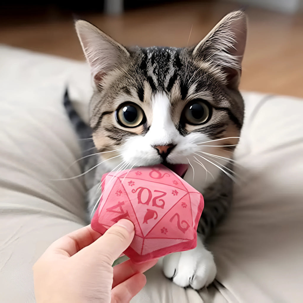 Dice-shaped plush catnip toy in various colours for DND tabletop game cat play