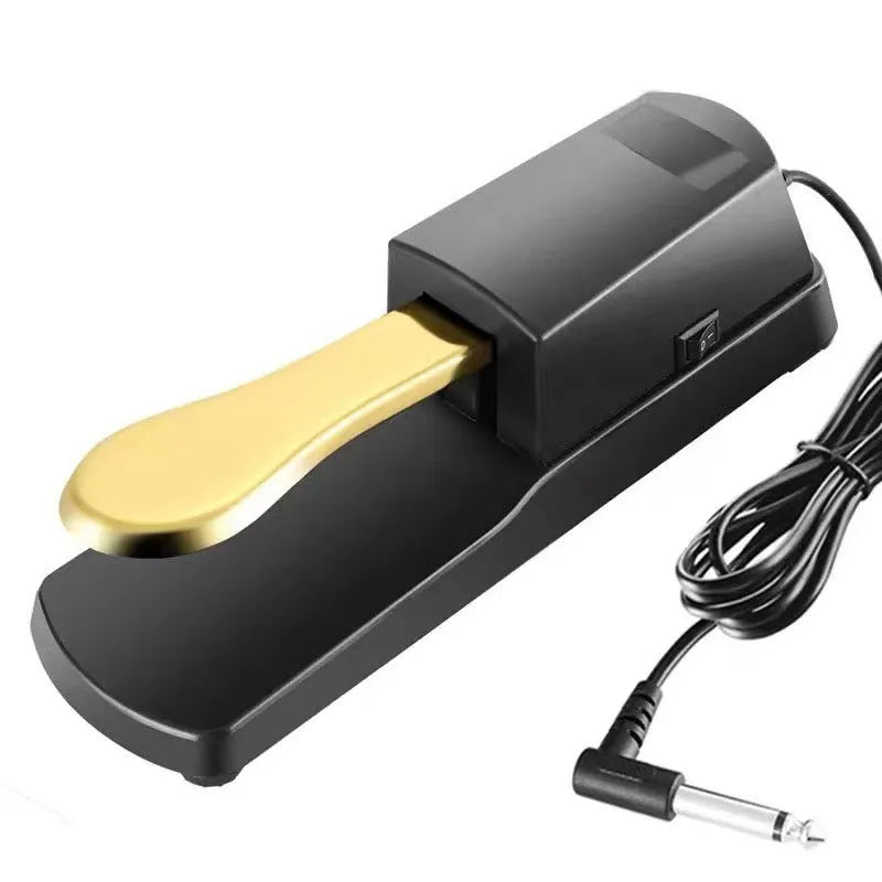 Black single leg sustain pedal for electronic keyboards on a flat surface.