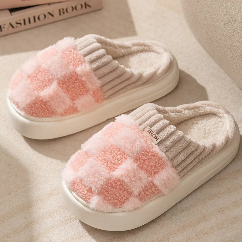 Women's plaid plush indoor slippers with anti-slip sole in multiple colour options