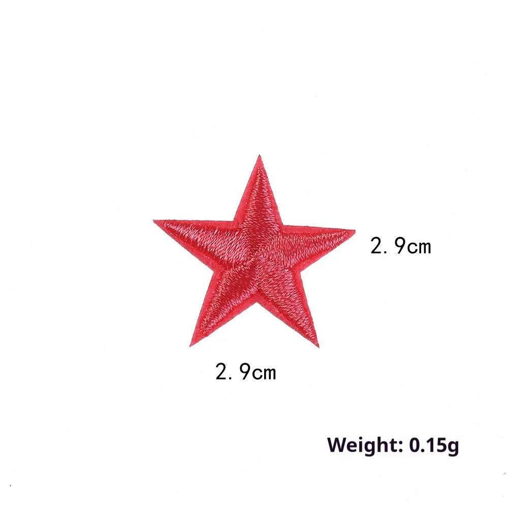 Colourful embroidered five-pointed star designs on cloth sticker labels for DIY clothing customisation.