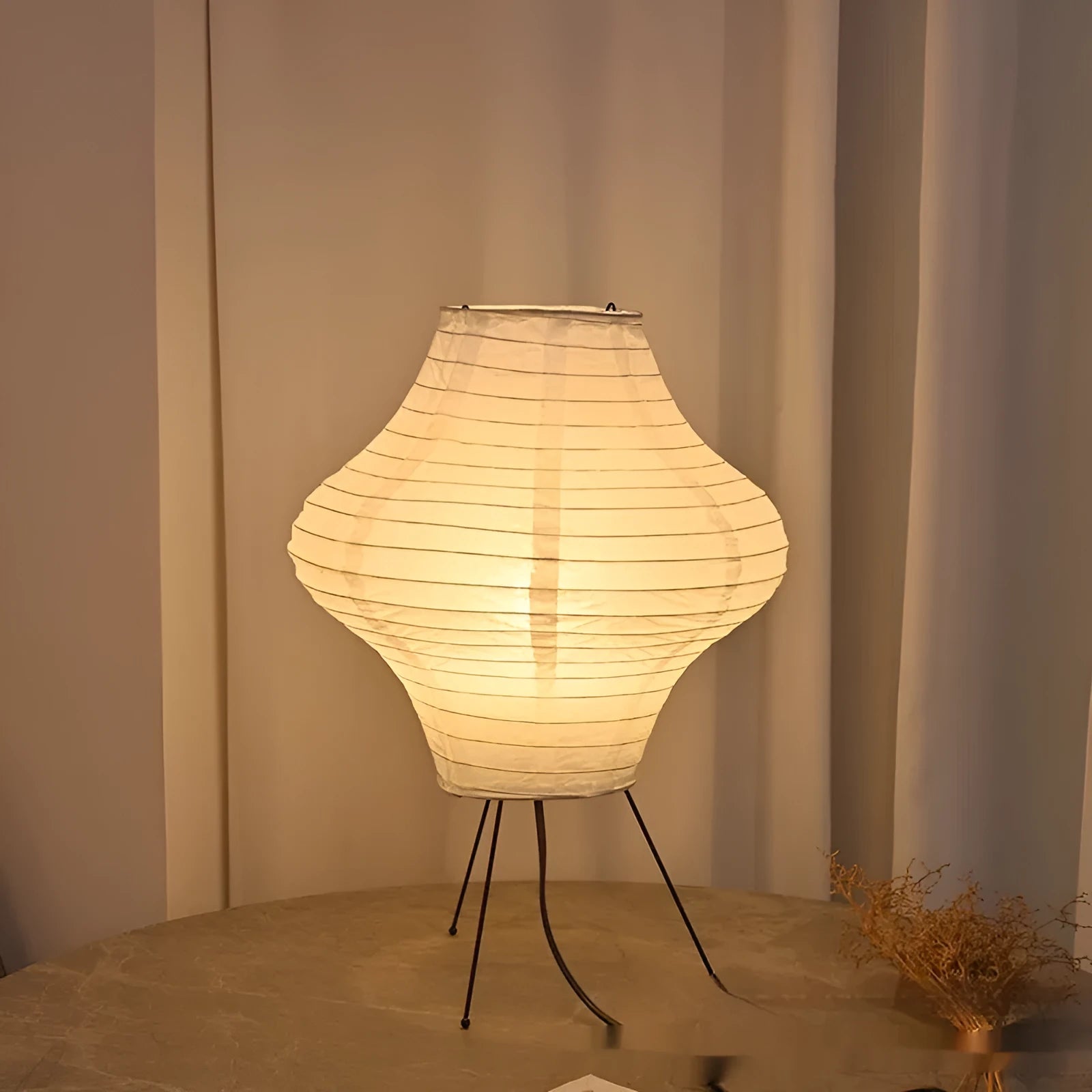 Japanese-style cylindrical decorative table lamp with three-colour light, dimensions D32cm x H45cm.
