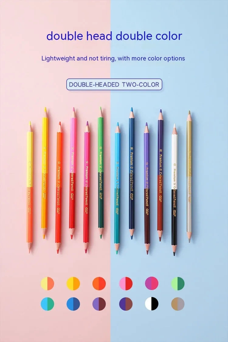 Double-headed colour pencil set in wooden case showing 12-piece and 6-piece configuration options