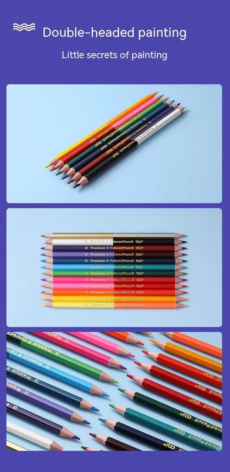 Double-headed colour pencil set in wooden case showing 12-piece and 6-piece configuration options