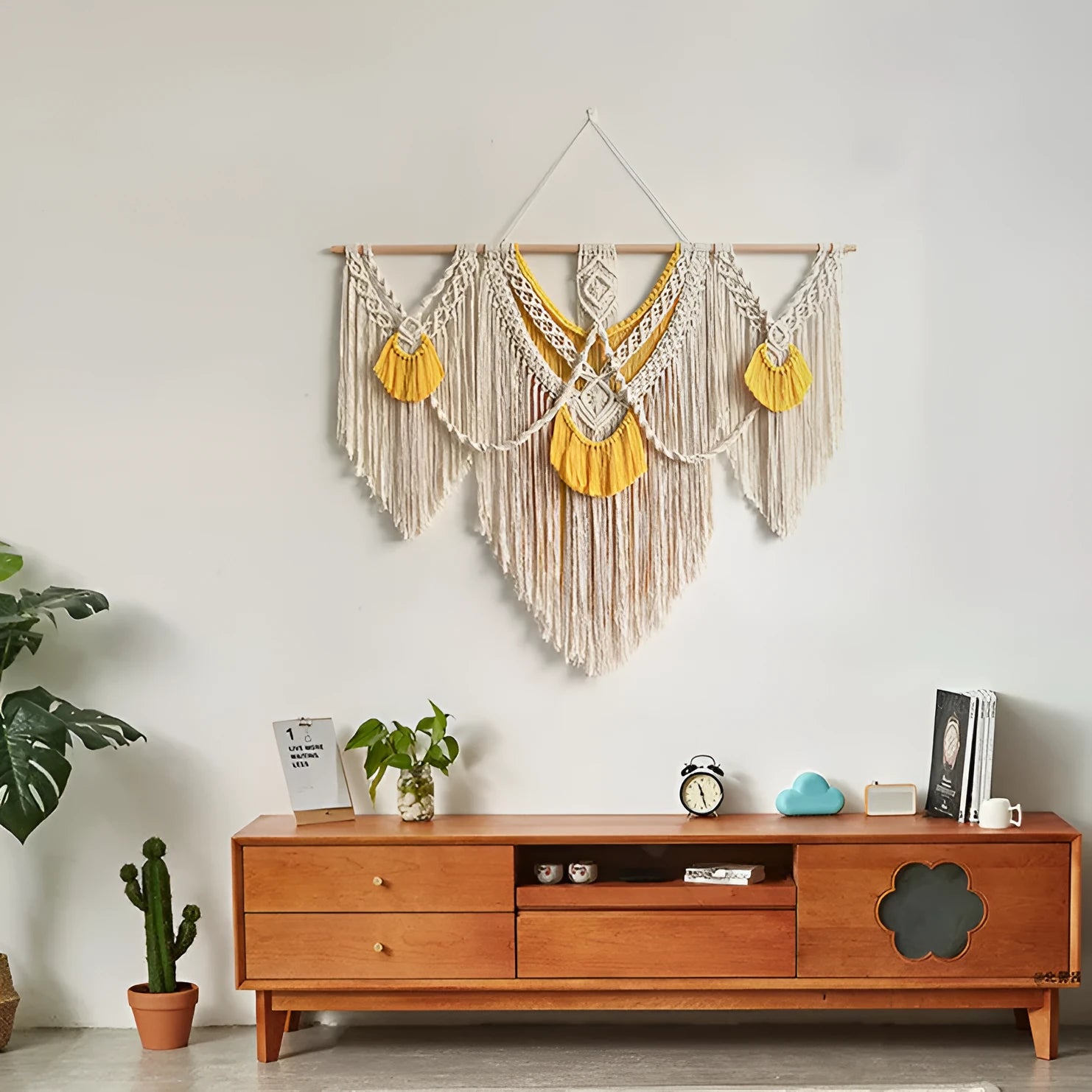 Nordic style creamy white cotton tapestry with hand-woven texture, rectangular shape 120x95cm