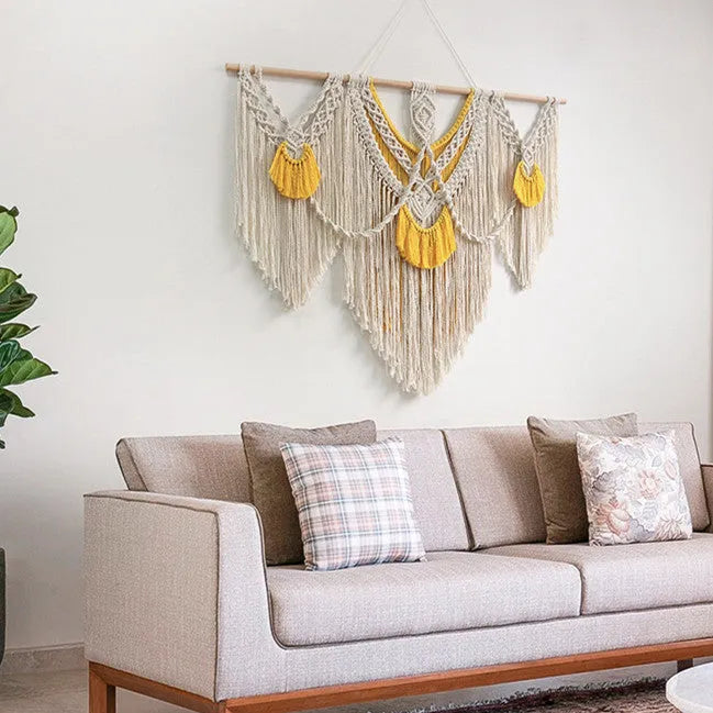Nordic style creamy white cotton tapestry with hand-woven texture, rectangular shape 120x95cm