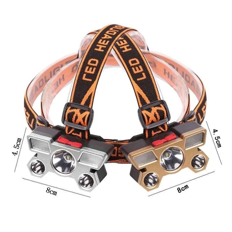 10W LED head-mounted miner's lamp with adjustable strap, PVC housing, and charging cable.