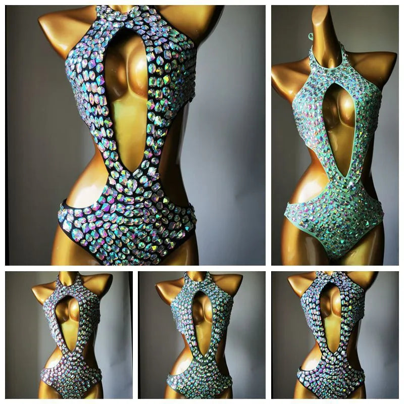 Women's one-piece swimsuit with diamond mesh pattern in army green colour.
