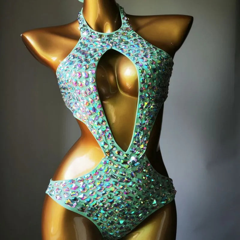 Women's one-piece swimsuit with diamond mesh pattern in army green colour.