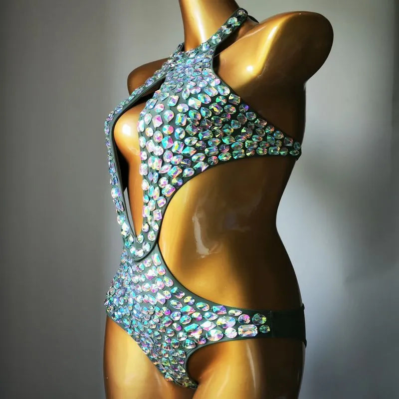 Women's one-piece swimsuit with diamond mesh pattern in army green colour.