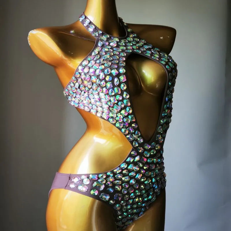 Women's one-piece swimsuit with diamond mesh pattern in army green colour.