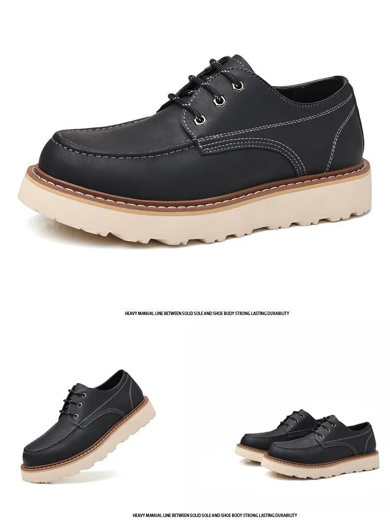 Men's black retro low-top Martin boots with a round toe and rubber sole.