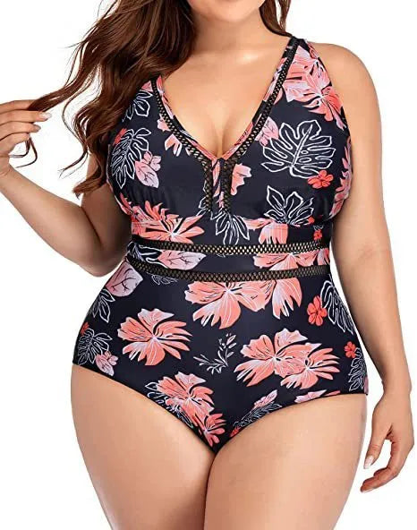 Black plus size swimsuit bikini with all-over printing and contrast stitching