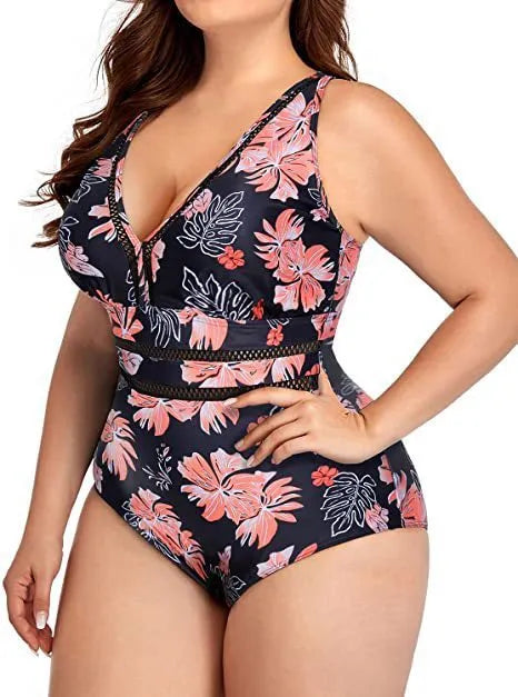 Black plus size swimsuit bikini with all-over printing and contrast stitching
