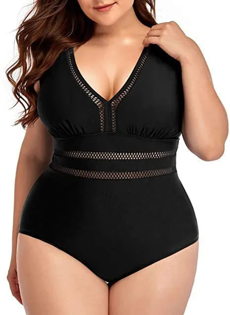 Black plus size swimsuit bikini with all-over printing and contrast stitching