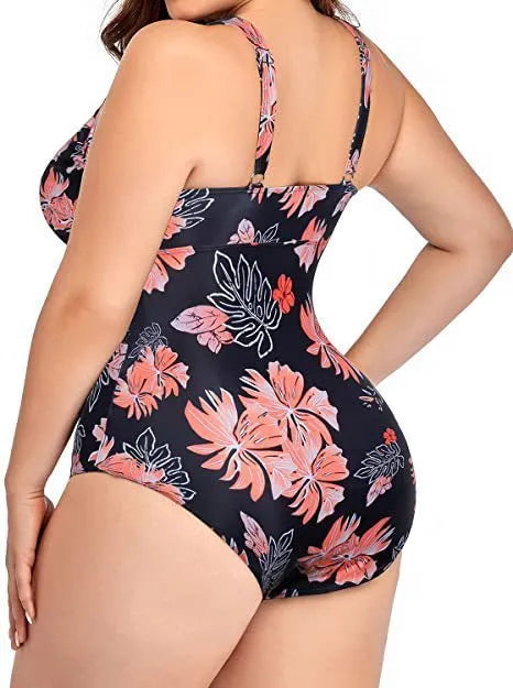 Black plus size swimsuit bikini with all-over printing and contrast stitching