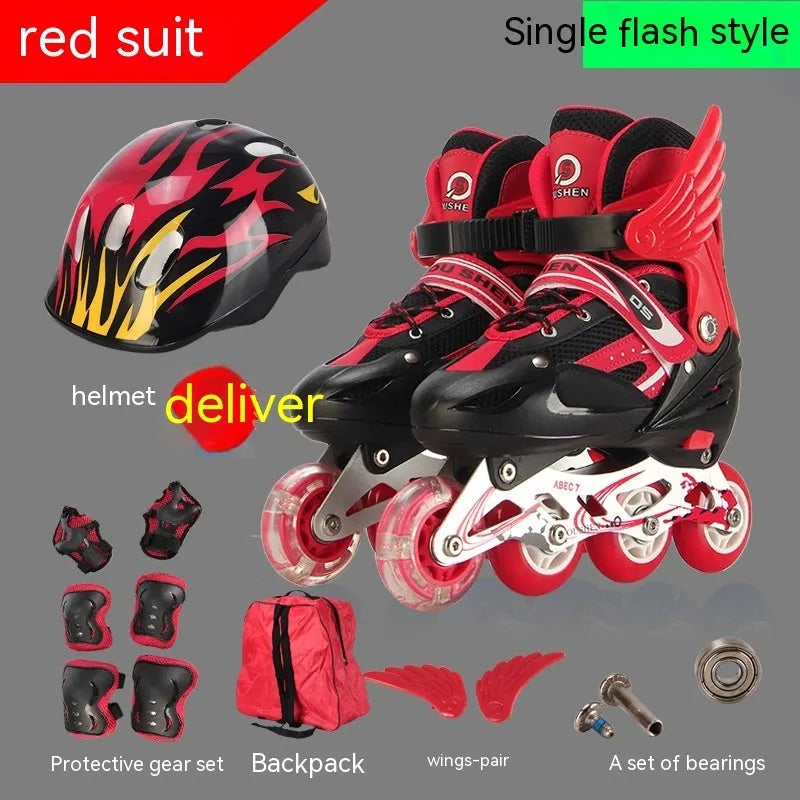 Children's adjustable skating shoes with aluminium frame, protective gear, helmet, and backpack in multiple colours