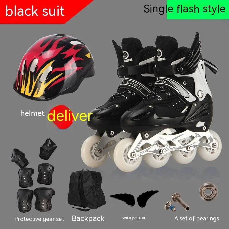 Children's adjustable skating shoes with aluminium frame, protective gear, helmet, and backpack in multiple colours
