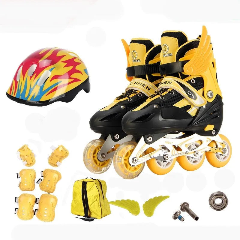 Children's adjustable skating shoes with aluminium frame, protective gear, helmet, and backpack in multiple colours