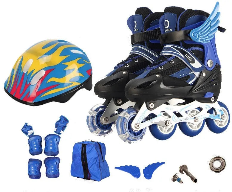 Children's adjustable skating shoes with aluminium frame, protective gear, helmet, and backpack in multiple colours