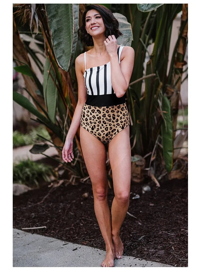 Women's leopard print one-piece swimsuit with asymmetric collar and high-waist triangle brief design