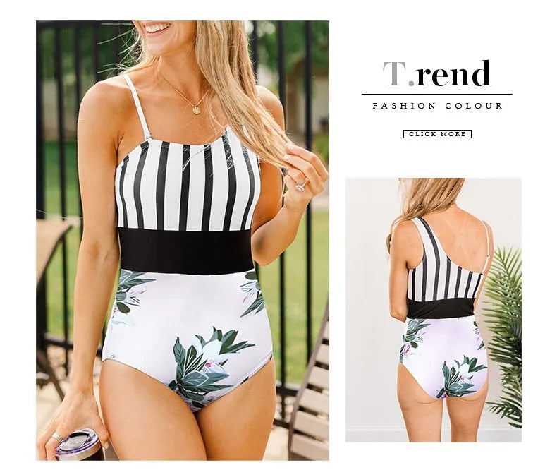 Women's leopard print one-piece swimsuit with asymmetric collar and high-waist triangle brief design