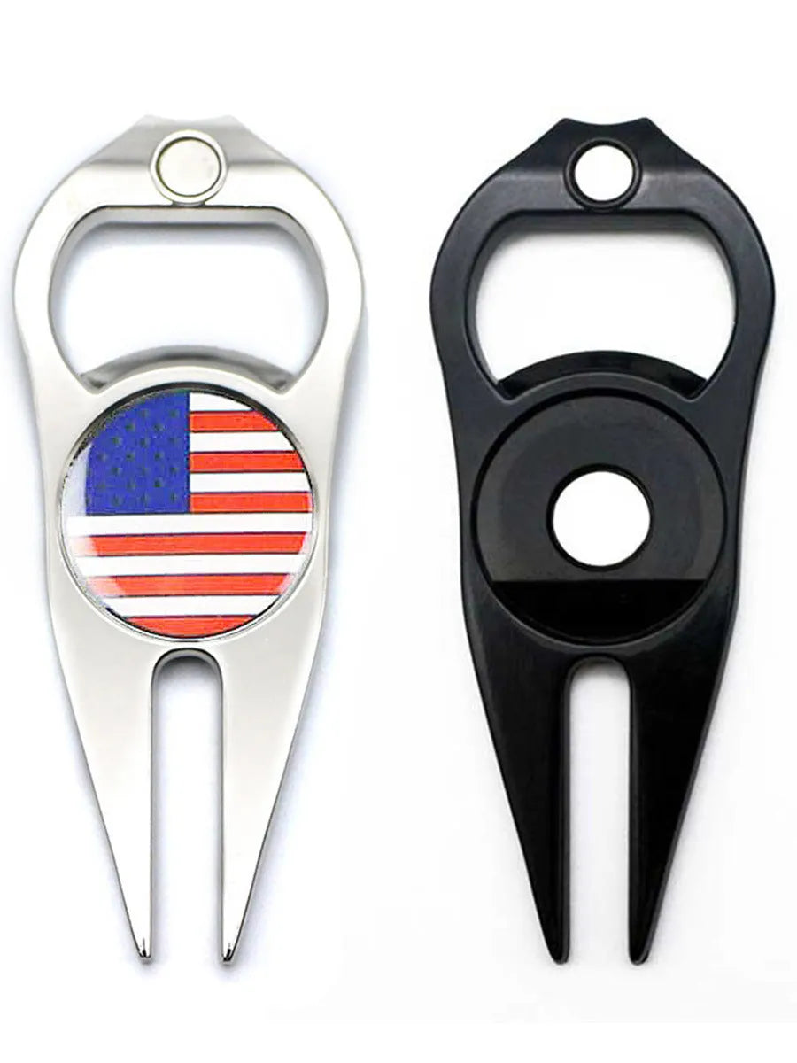Zinc alloy golf ball yoke bottle opener tool in black, green, and silver colour options