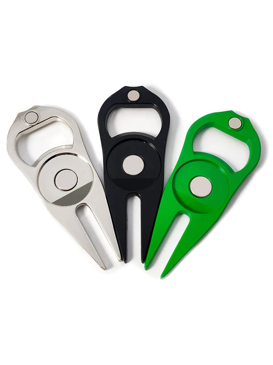 Zinc alloy golf ball yoke bottle opener tool in black, green, and silver colour options