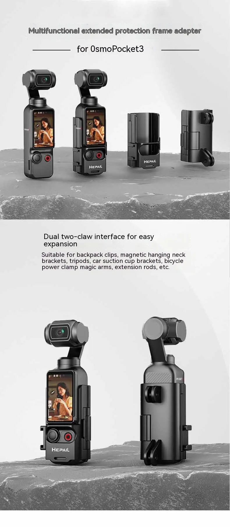 Pocket3 multi-function expansion protection frame with cold shoe adapter bracket for Osmo Pocket 3 camera