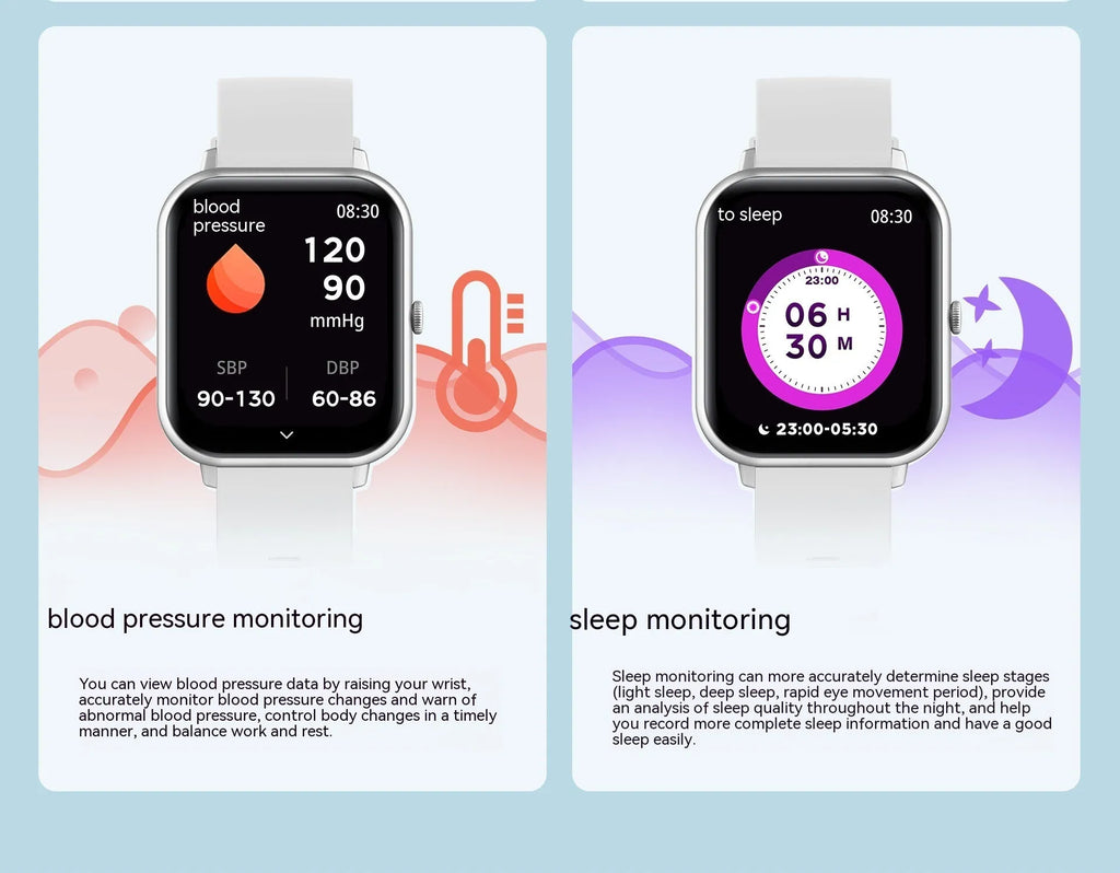 Bluetooth smart watch with heart rate monitor on wrist, shown in black, pink, silver grey, and khaki colour options.
