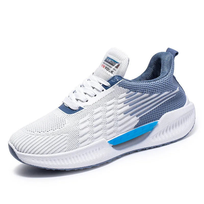 Men's blue casual sports mesh shoes with cloth upper and rounded toe design