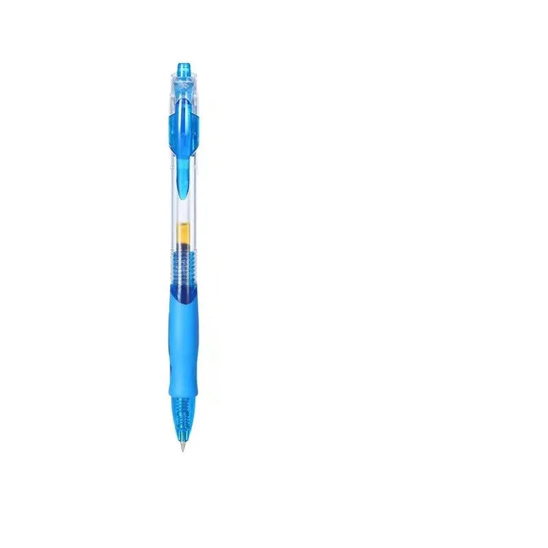 A single 0.5mm fine point gel pen in plastic casing, shown with black, blue, and red ink colour options.