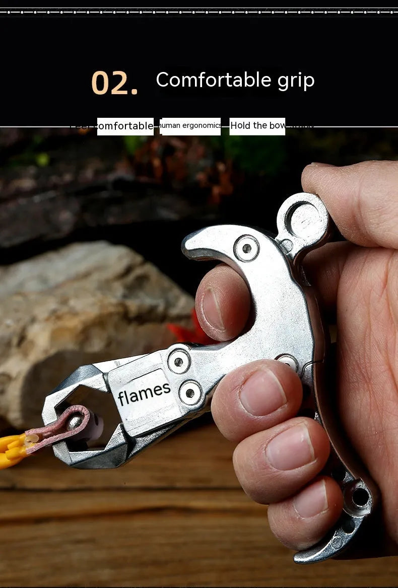 Zinc alloy archery release aid with a two-axis harpoon clip on a white background.
