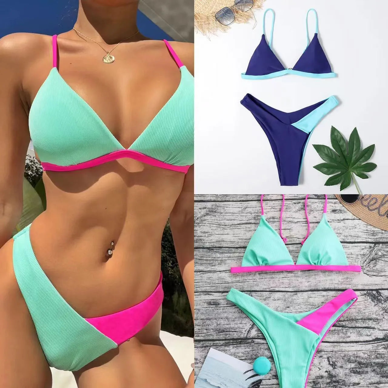 Women's two-piece nylon swimsuit briefs set in pattern design with bra top