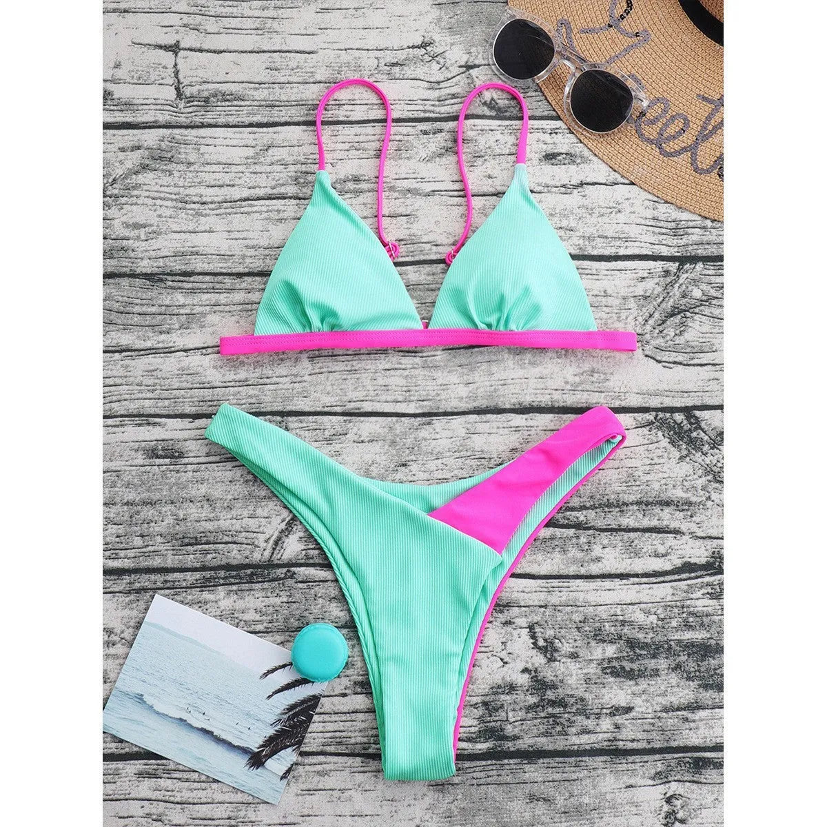 Women's two-piece nylon swimsuit briefs set in pattern design with bra top