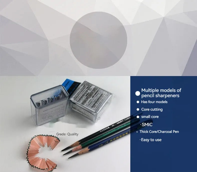 Four-hole plastic pencil sharpener with geometric design and screwdriver for blade replacement